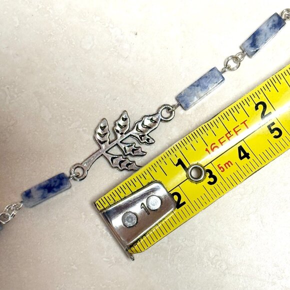 Genuine Blue White Sodalite Matinee Necklace, Gemstone & Leaf Branch Pendant - Picture 12 of 14